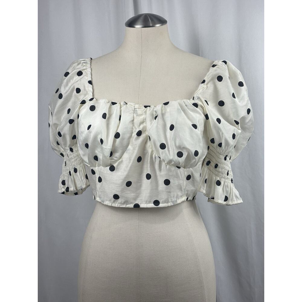 Buffalo David Britton White Black Polka Dot Top Cropped Puff Sleeve Size M